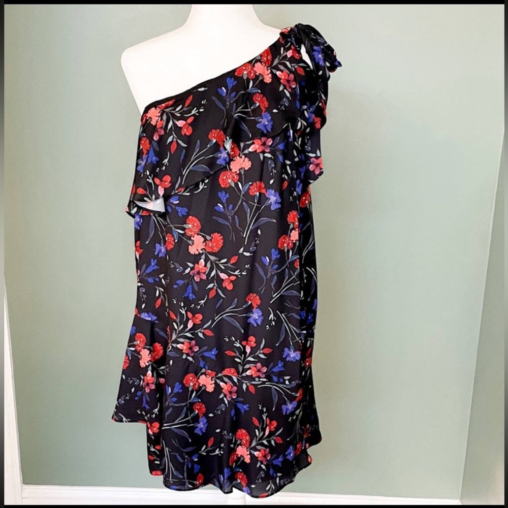 Parker One-Shoulder Black Floral Dress with Red and Blue Accents
